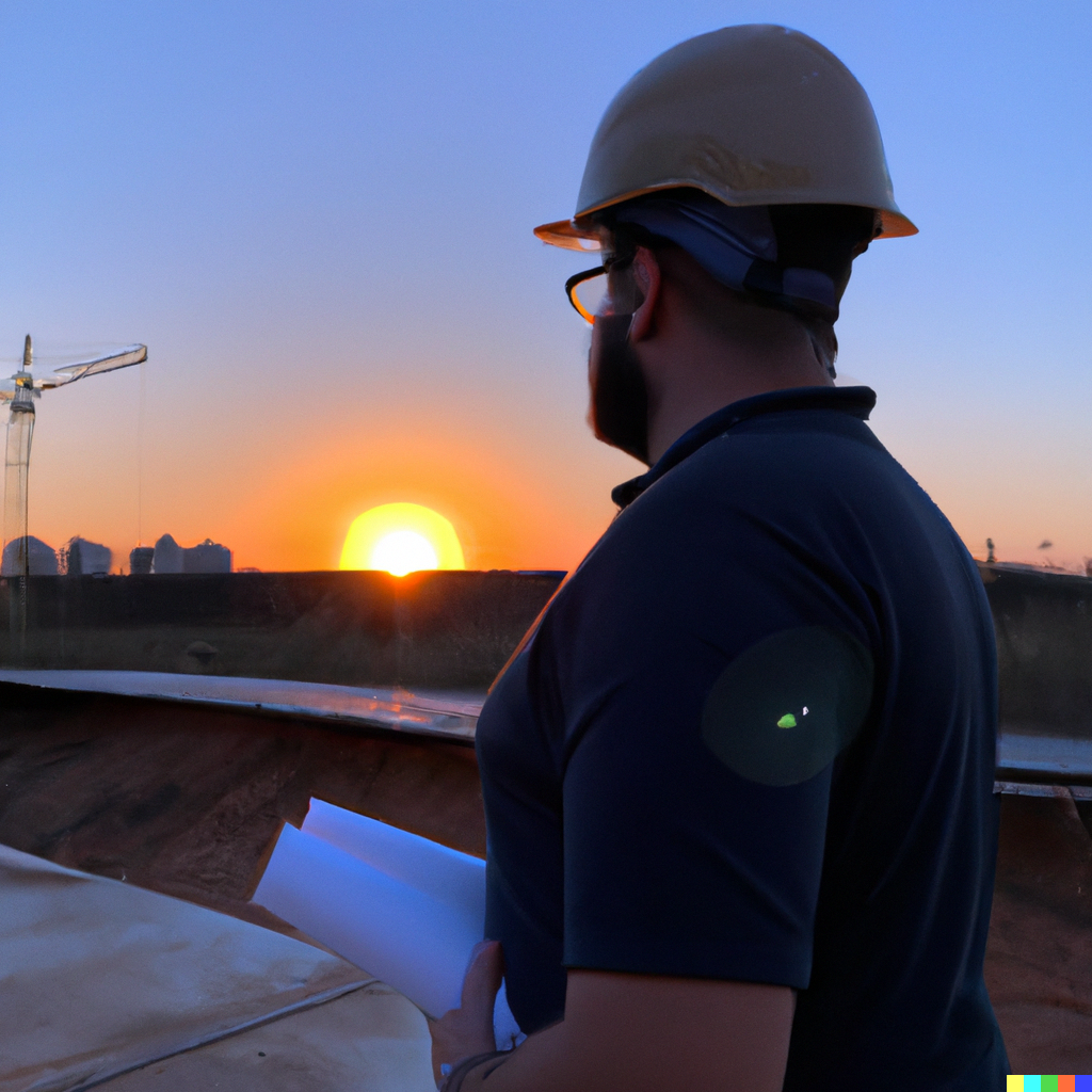 Sobre 1 DALL·E 2023 01 27 11.34.20 engenheiro apos o fim do mundo verificando obra com por do sol