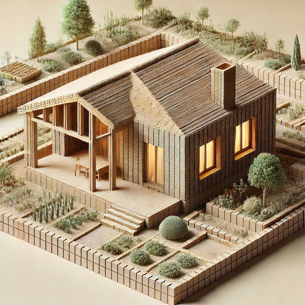Ilustração de casa com tijolos ecológicos aparentes