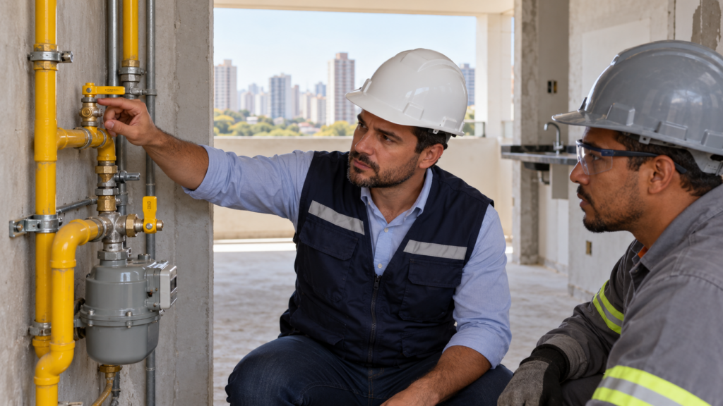 Engenheiro e instalador verificam tubulação e registro de gás em edifício