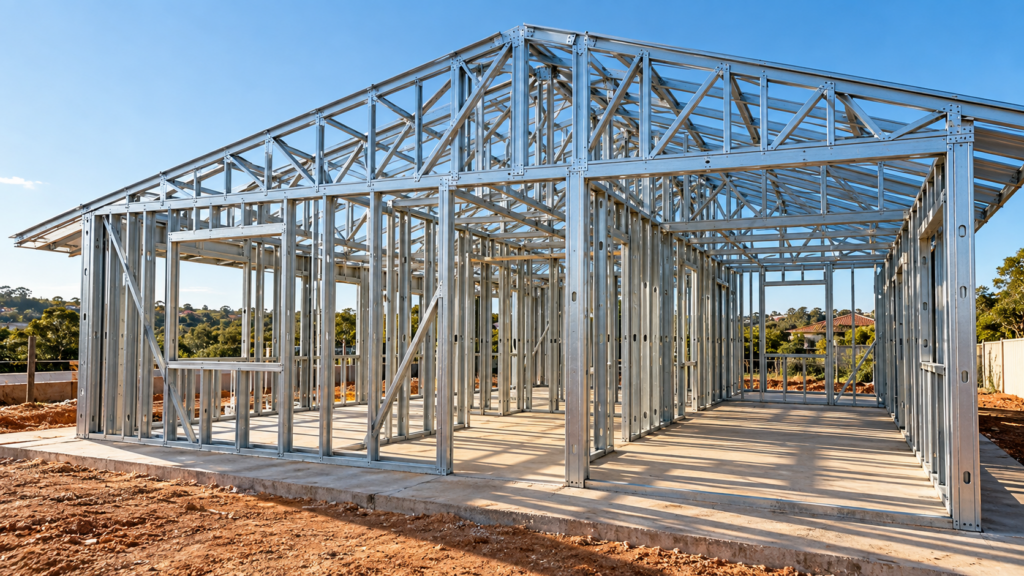 Estrutura leve de perfis de aço galvanizado para uma casa em steel frame