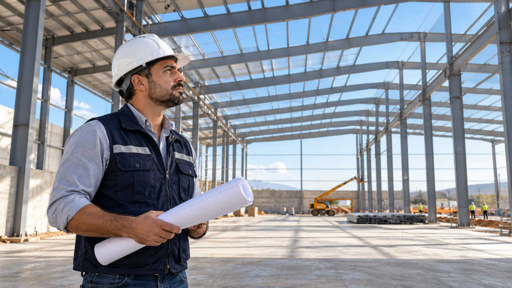 Engenheiro observa a estrutura metálica de galpão industrial em construção