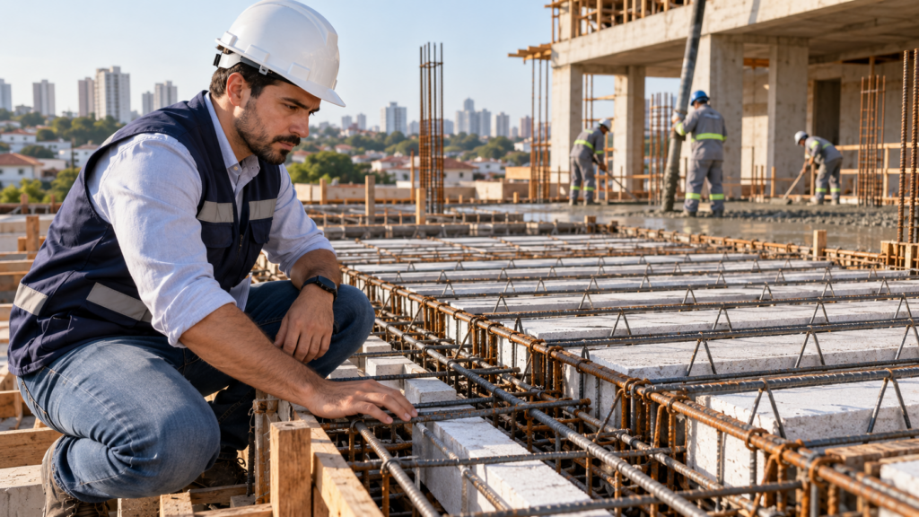 Engenheiro inspeciona armaduras e vigotas de laje antes da concretagem