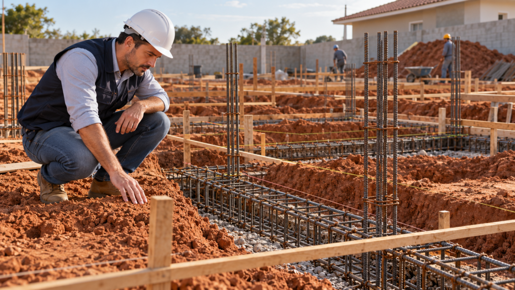 Engenheiro inspeciona armaduras e solo da fundação de uma residência