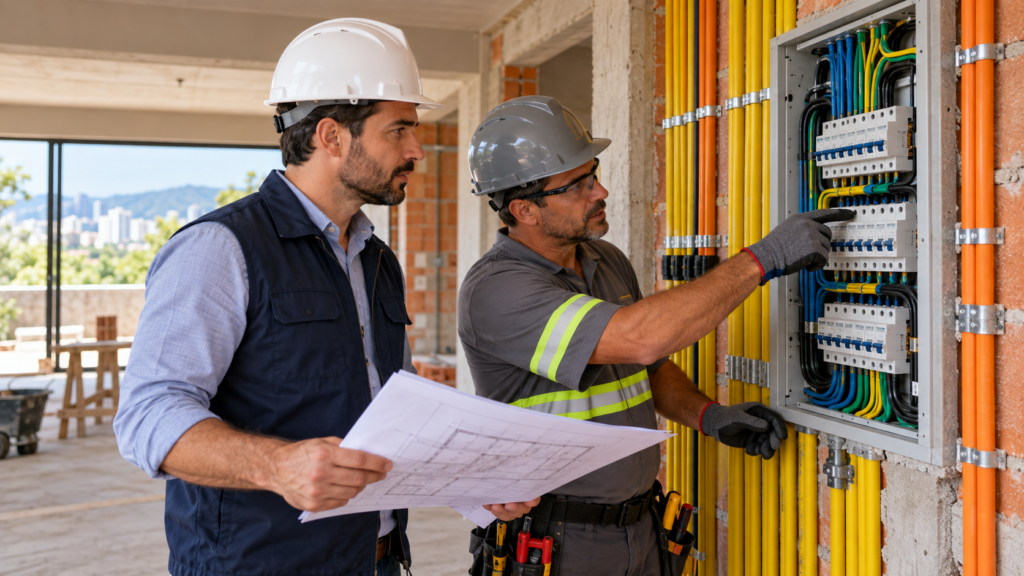 Engenheiro e eletricista conferem quadro de distribuição em residência em construção