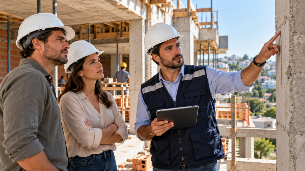 Engenheiro apresenta observações de vistoria em obra a construtor e proprietária
