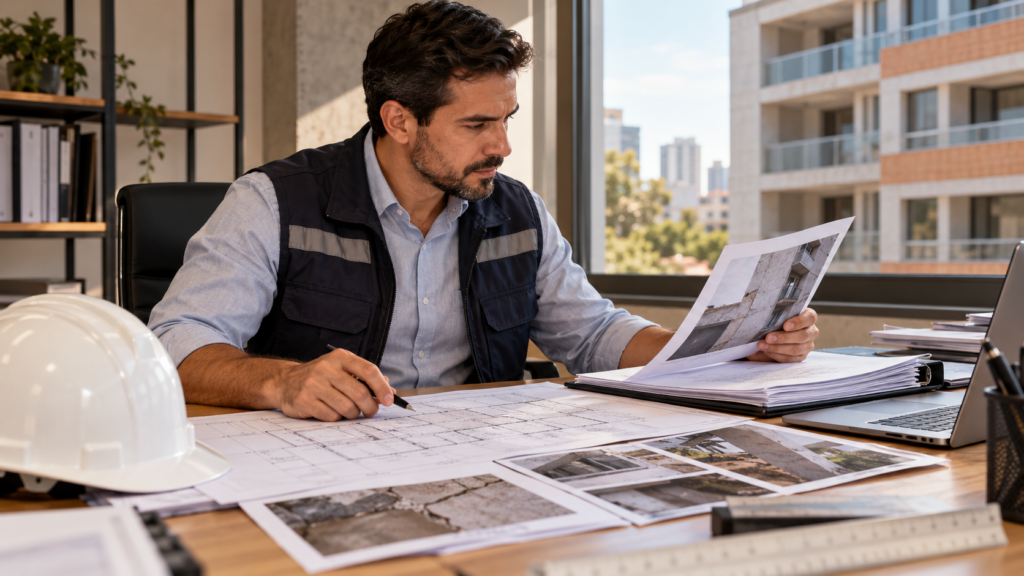 Engenheiro analisa plantas e fotografias para emitir parecer técnico sobre edificação