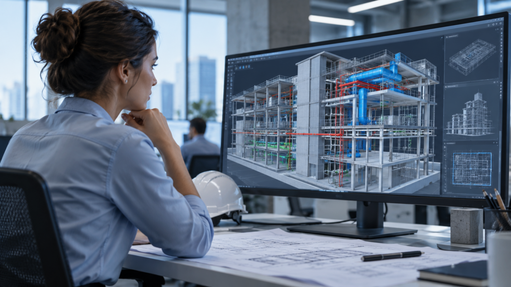 Engenheira analisa modelo BIM de estrutura e instalações em monitor