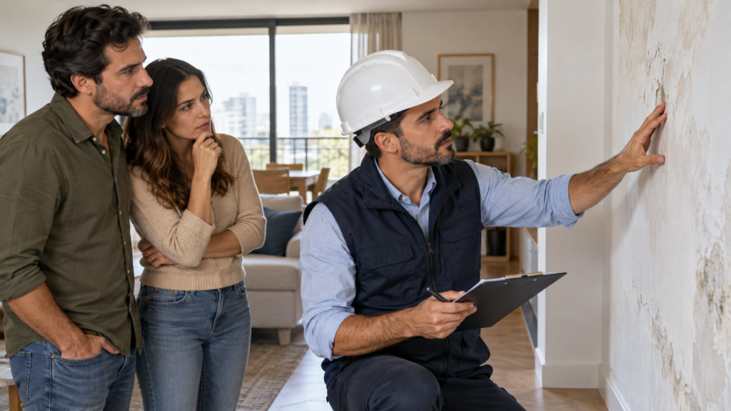 Engenheiro inspeciona manchas de umidade em apartamento com possíveis compradores