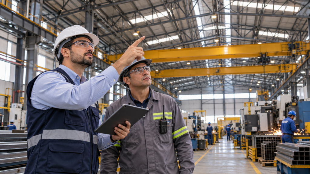 Engenheiro e gestor industrial avaliam estrutura e cobertura de fábrica em Americana SP