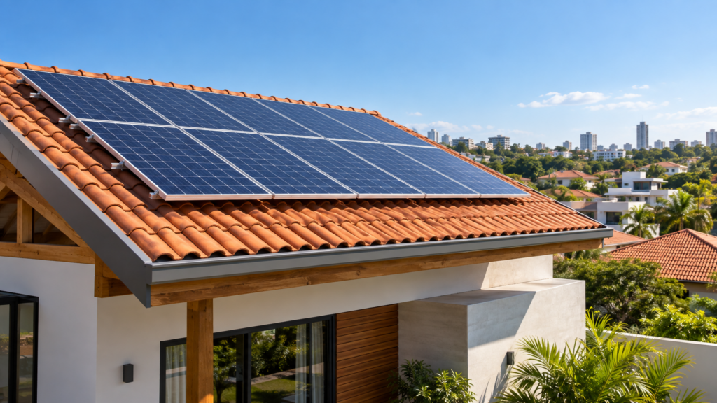 Painéis solares fotovoltaicos instalados no telhado de residência