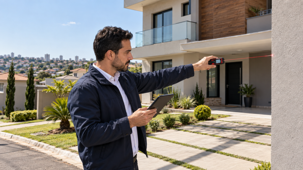 Engenheiro avaliador mede imóvel residencial e registra características da casa em tablet