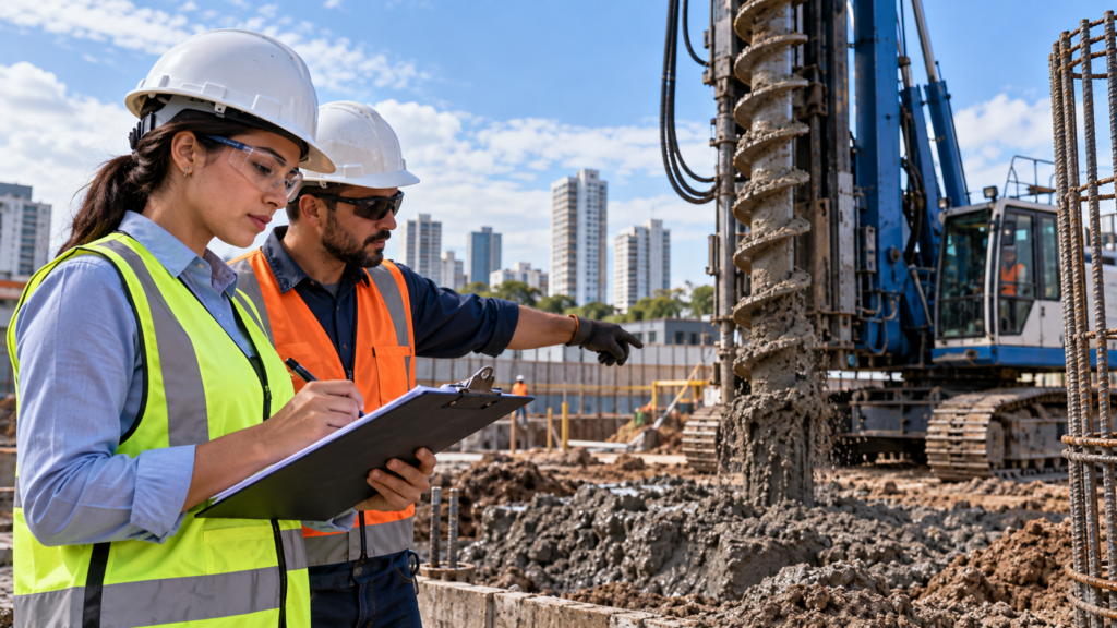 Engenheira e técnico acompanham execução de estaca hélice contínua em canteiro de obras
