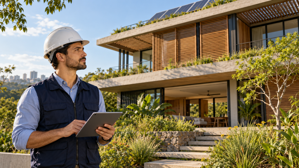 Certificação LEED e GBC Casa: O que é, Como Funciona e por que Valoriza seu Imóvel em Americana SP 12 Engenheiro analisa casa sustentável com sombreamento, painéis solares e paisagismo