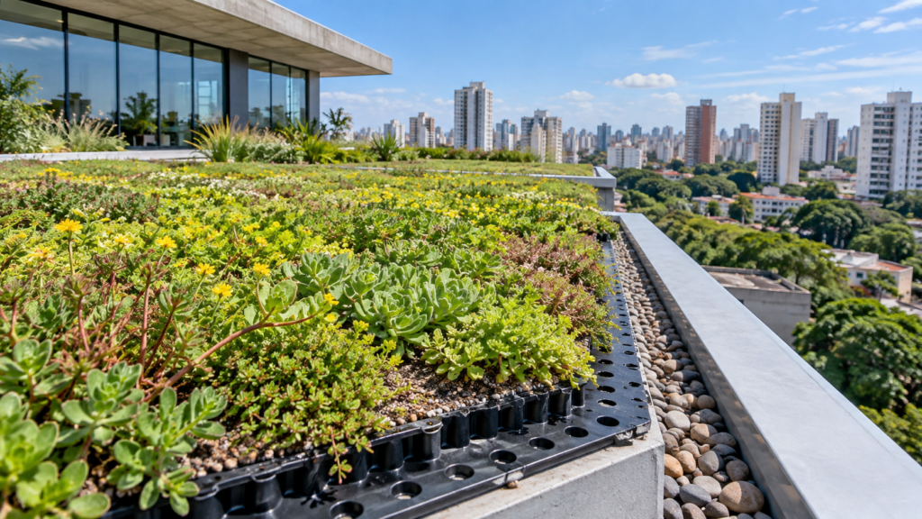 Cobertura verde com vegetação e camada de drenagem em edifício urbano