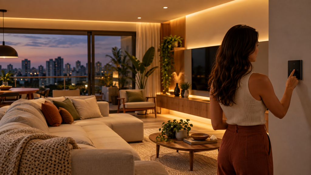 Sala residencial com iluminação automatizada e painel de controle