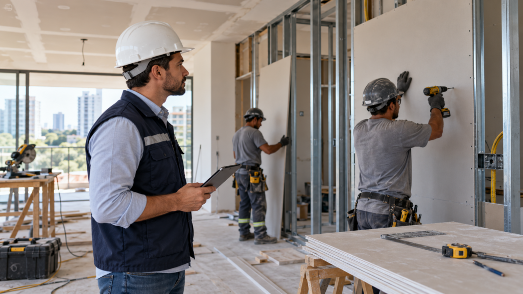 Engenheiro acompanha instalação de placas de drywall em reforma residencial