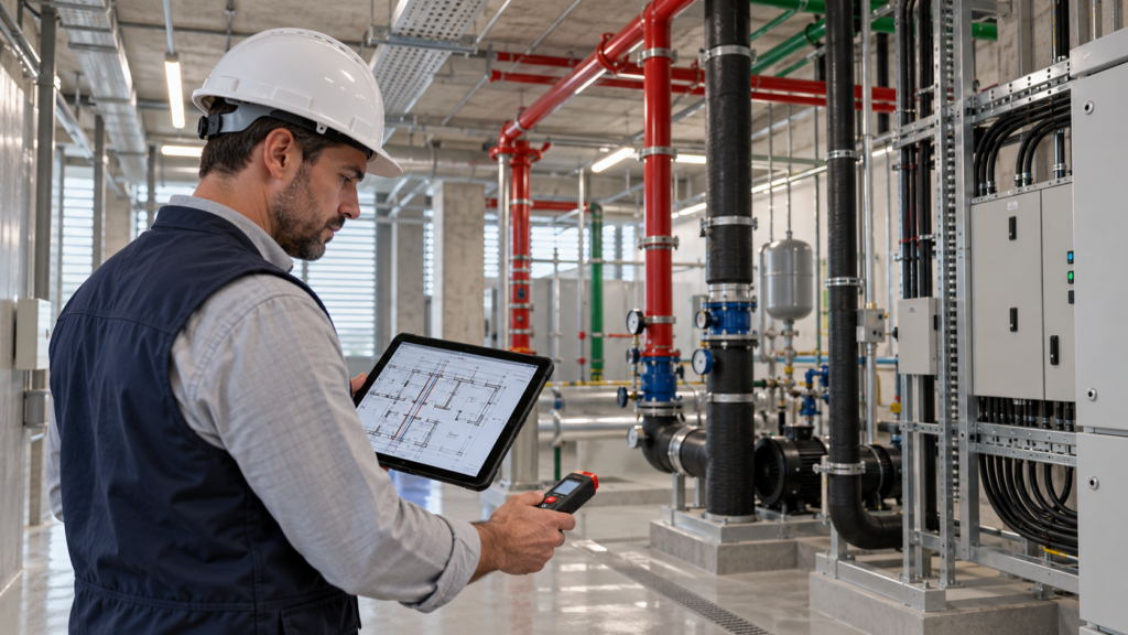 Engenheiro levanta instalações existentes para documentação as built