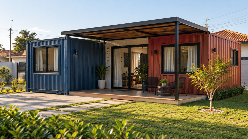 Ilustração de casa térrea construída com dois contêineres adaptados