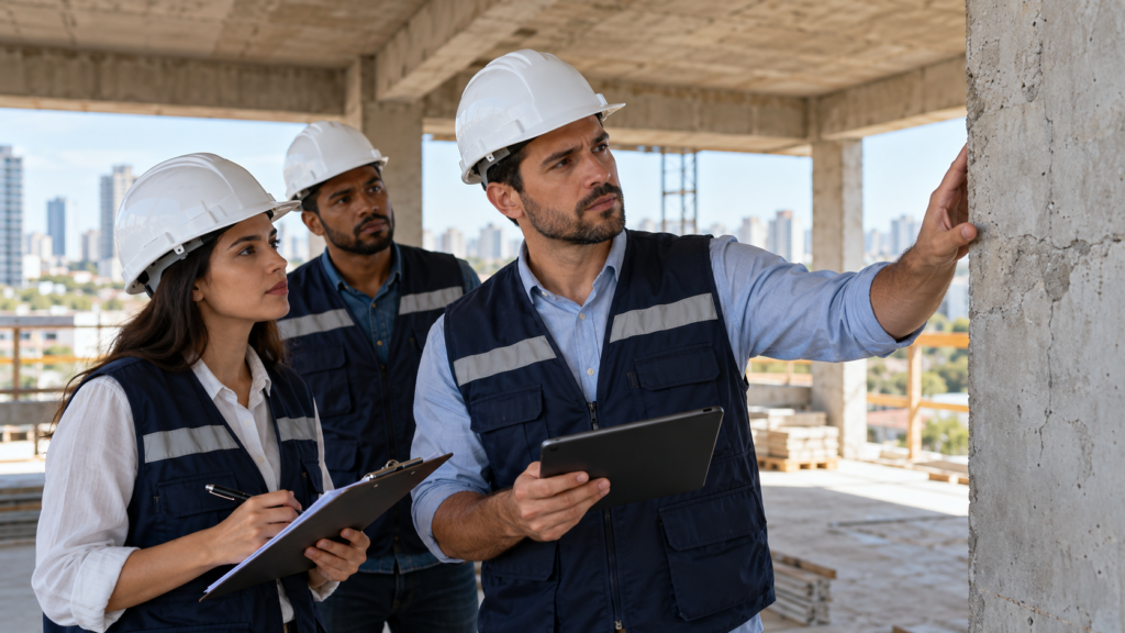 Equipe de engenheiros inspeciona estrutura de concreto durante vistoria técnica