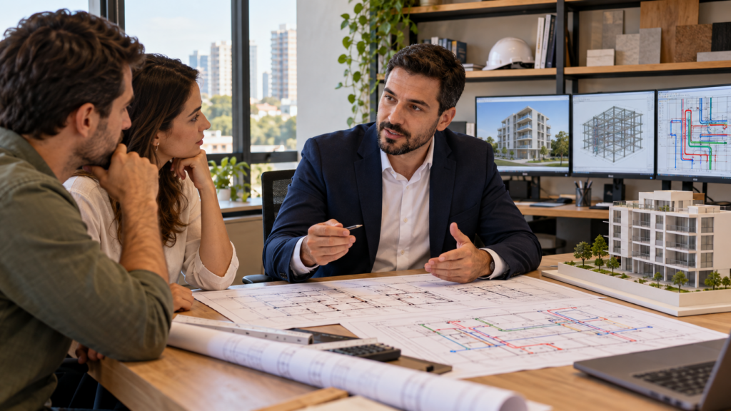 Engenheiro apresenta projetos complementares de estrutura e instalações a clientes
