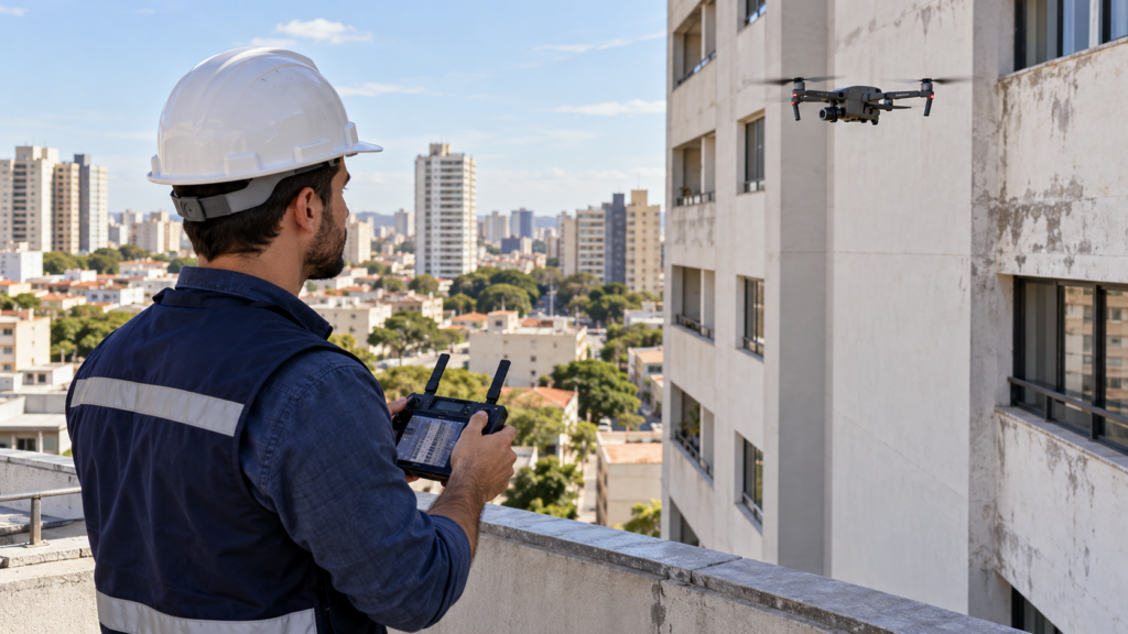 Engenheiro opera drone para inspecionar fachada de edifício