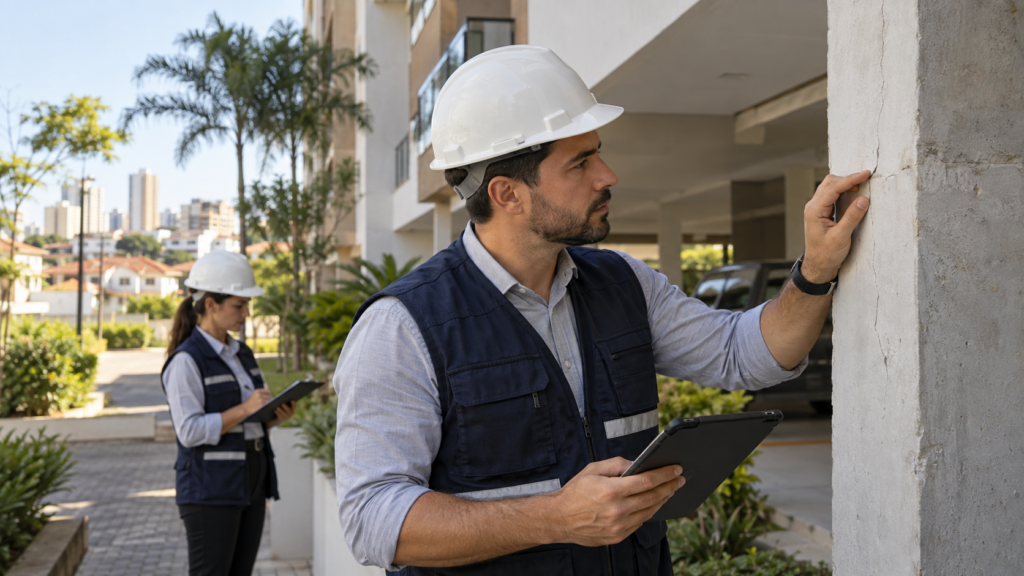Engenheiros avaliam fissura em pilar de condomínio residencial durante vistoria técnica