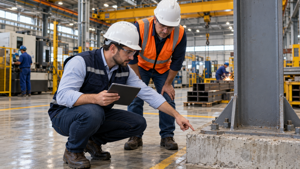 Engenheiro avalia base de pilar metálico no piso de fábrica acompanhado de responsável industrial