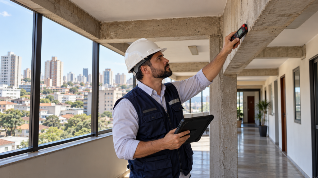Laudo Técnico em Campinas-SP: Vistoria, Estrutural e Avaliação de Imóveis 3 Engenheiro avalia viga de concreto em edifício durante vistoria técnica em Campinas