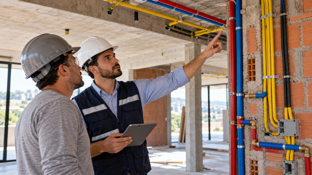 Engenheiro e profissional de obra conferem instalações elétricas e hidráulicas em residência