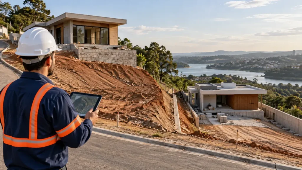 Engenheiro avalia implantação de residências em terreno inclinado