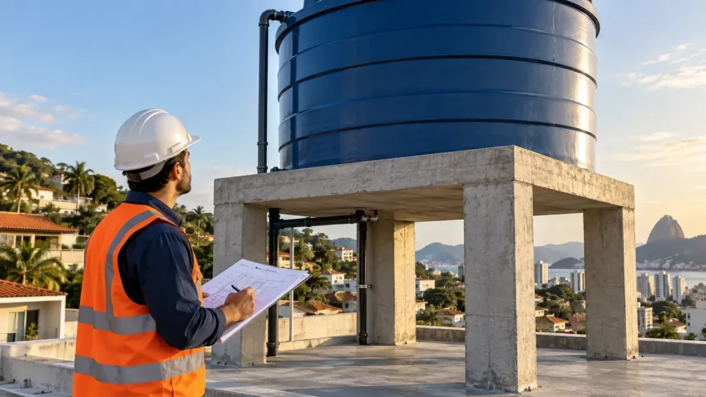 Engenheiro avalia base de reservatório de água instalado sobre laje de cobertura