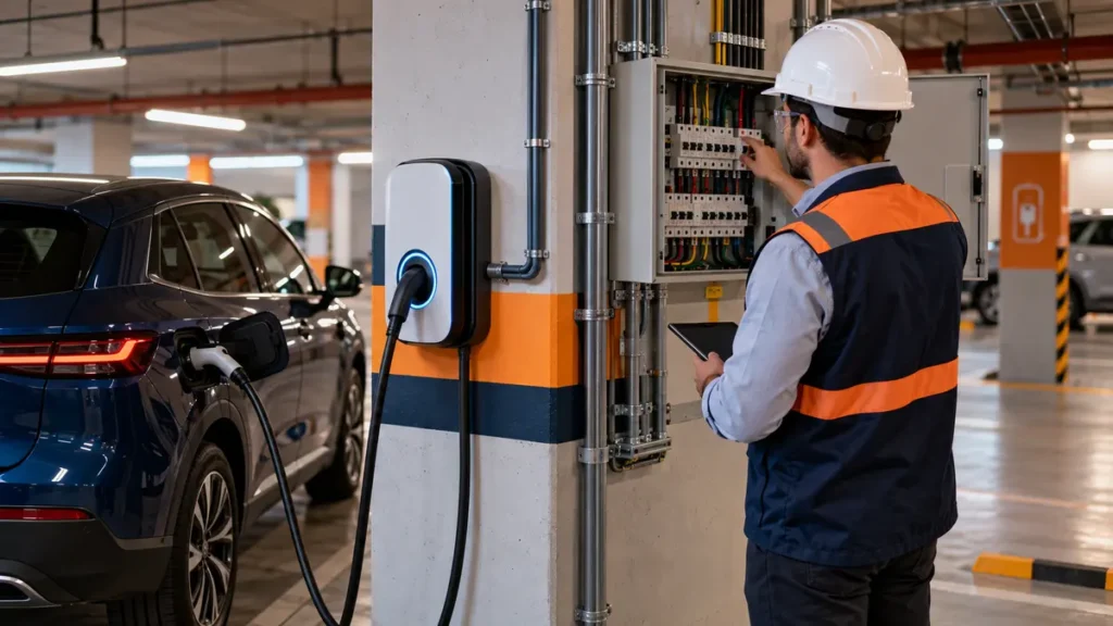 Engenheiro inspeciona quadro elétrico de carregador para veículo em garagem de condomínio