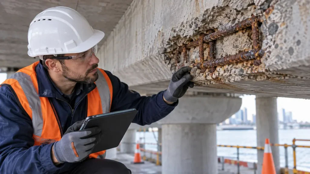 Engenheiro inspeciona armadura corroída exposta em viga de concreto