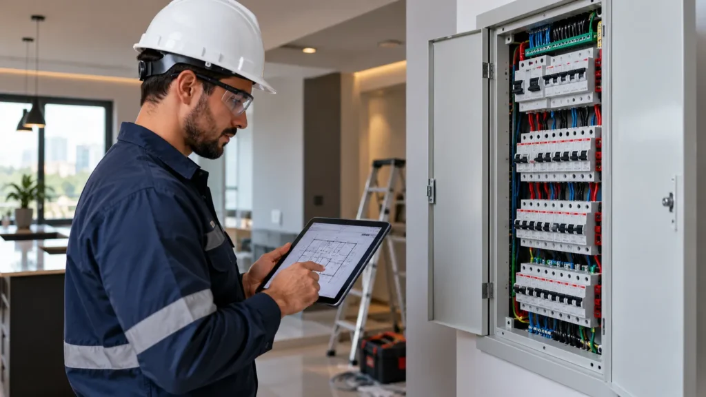 Engenheiro revisa quadro e projeto elétrico residencial