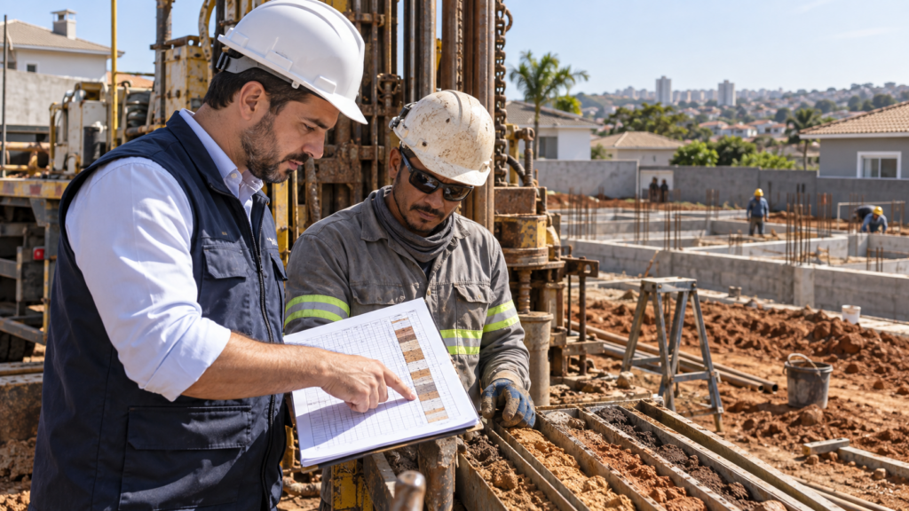 Engenheiro e técnico analisam sondagem antes de escolher a fundação