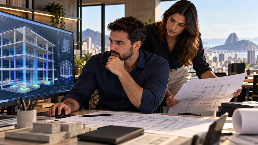 Engenheiro e engenheira analisam projeto estrutural e modelo computacional em escritório de engenharia