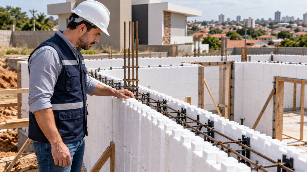Engenheiro confere armaduras entre formas isolantes ICF