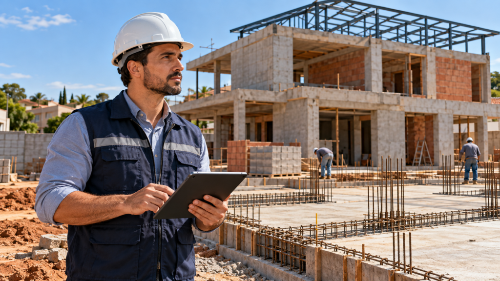 Engenheiro avalia fundação e estrutura de casa em construção para comparar custo de métodos construtivos