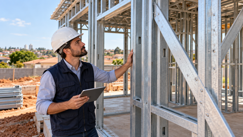 Engenheiro inspeciona perfis e contraventamentos em steel frame