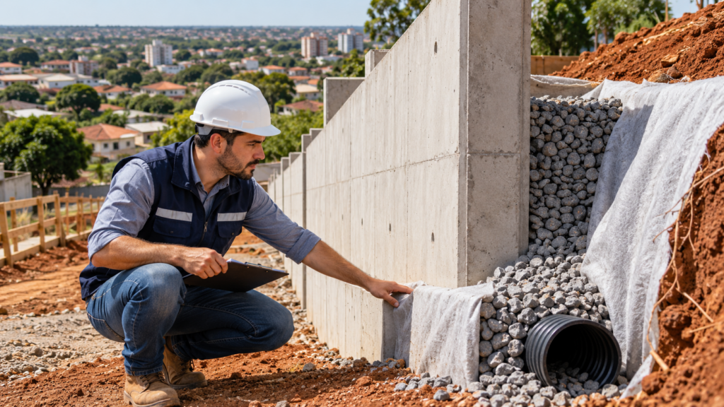 Engenheiro observa contenção e drenagem de terreno inclinado