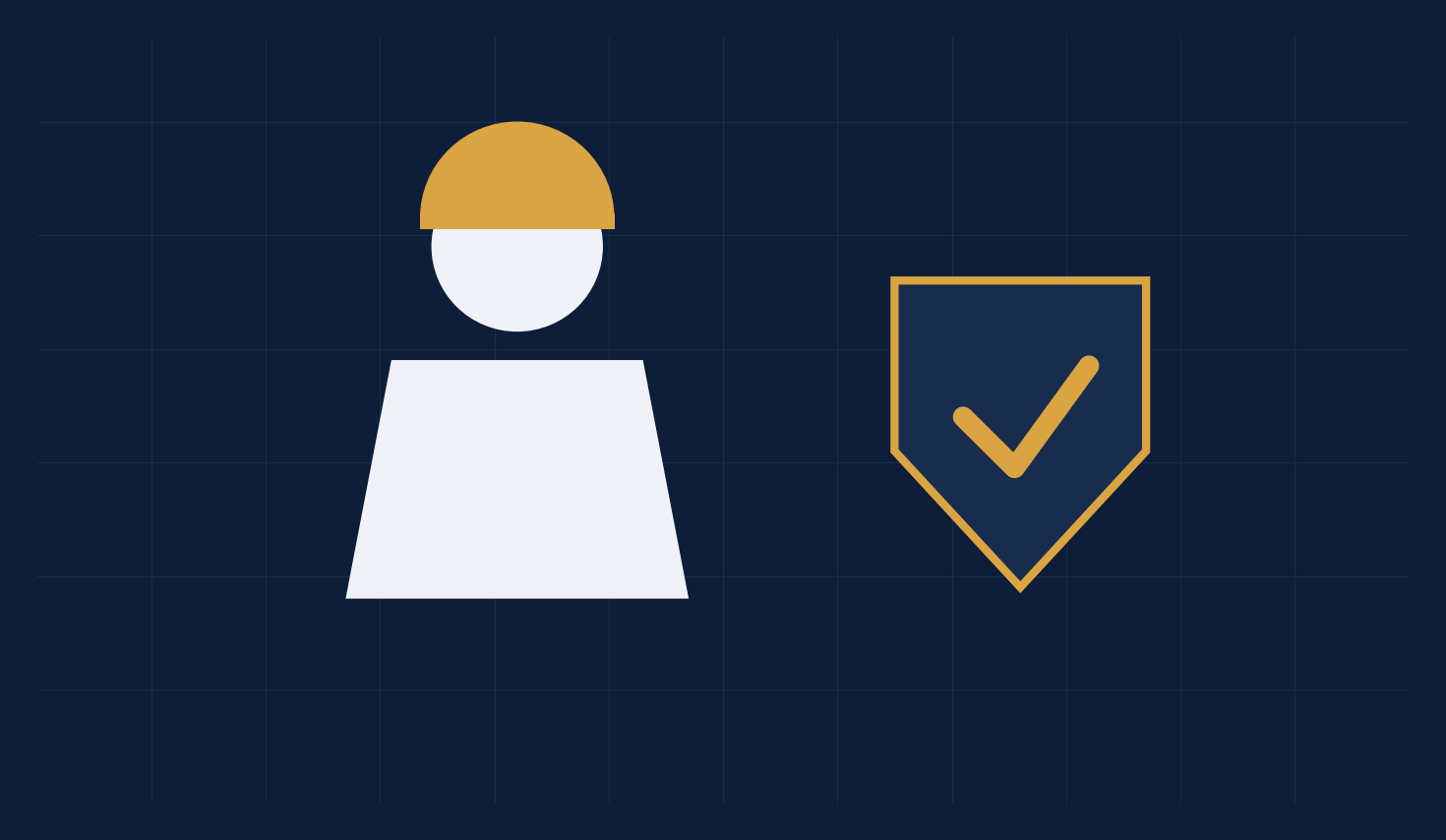 Engenheiro com capacete ao lado de escudo com marca de verificação, representando a responsabilidade técnica que permanece humana