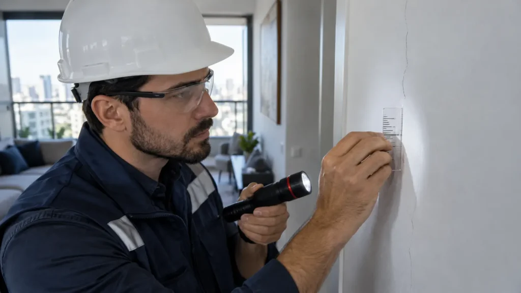 Engenheiro mede fissura durante laudo de trincas