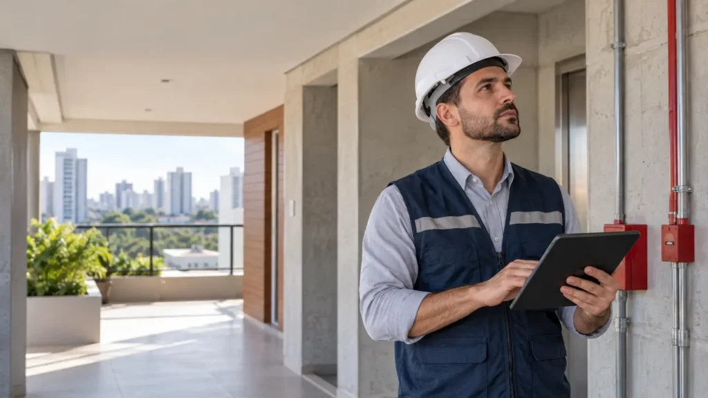 Engenheiro realizando laudo técnico de engenharia em condomínio