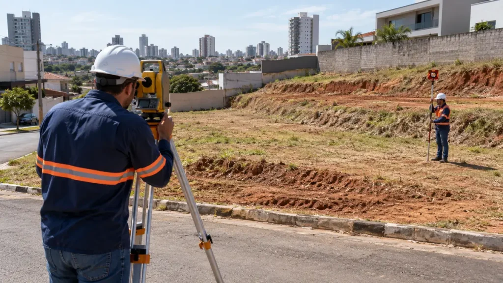 Topógrafos realizam levantamento planialtimétrico de terreno urbano