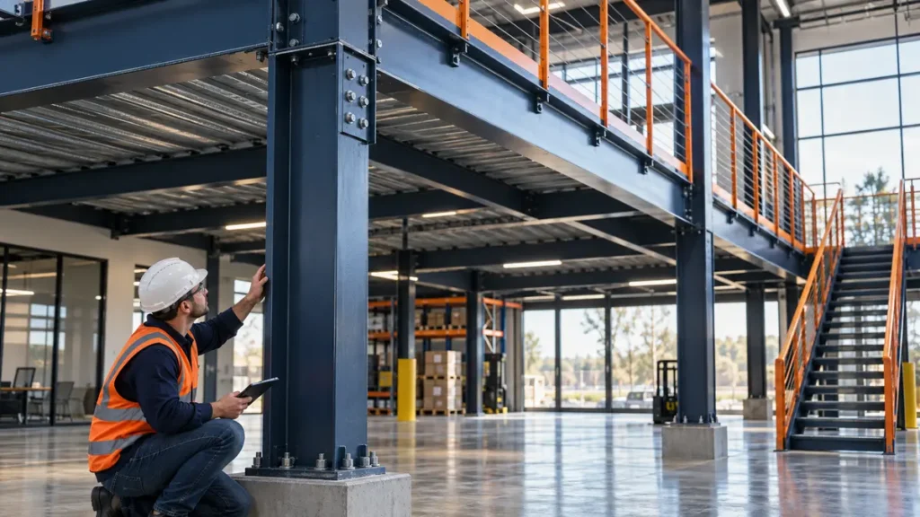 Engenheiro inspeciona pilares e ligações de um mezanino metálico industrial
