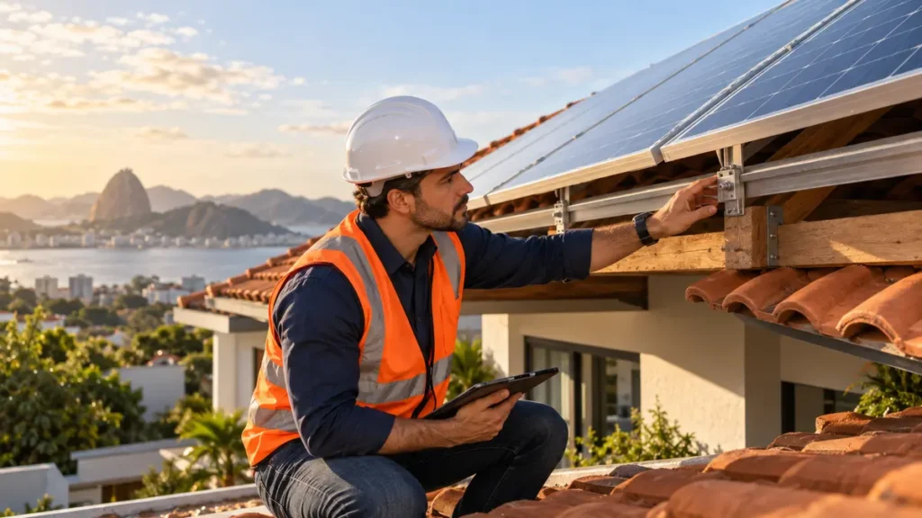 Engenheiro avalia fixação de painéis solares na estrutura de um telhado