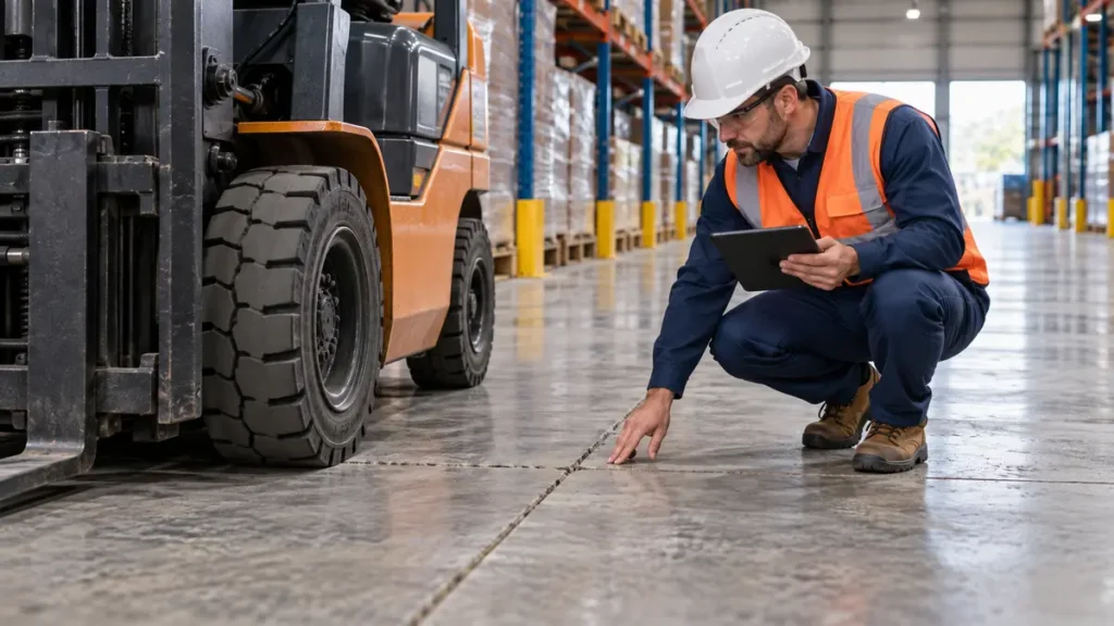 Engenheiro inspeciona juntas e cargas de empilhadeira sobre piso industrial