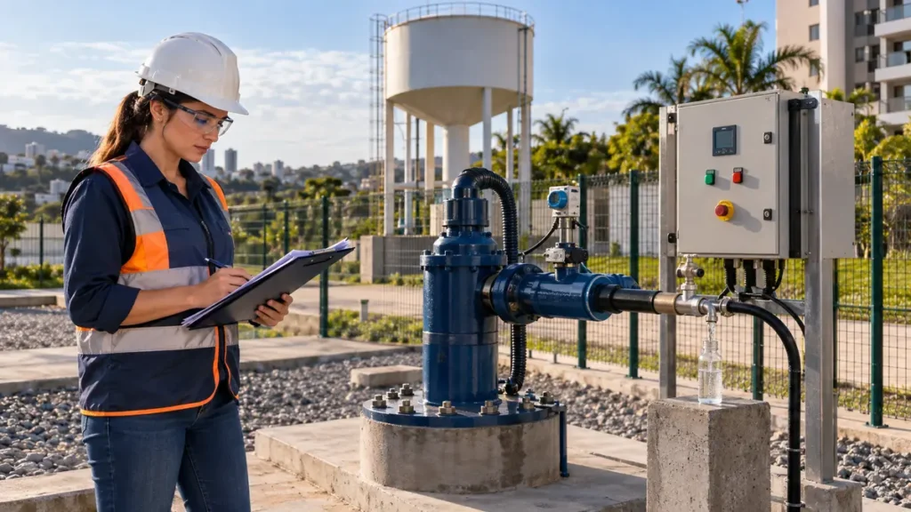Engenheira inspeciona cabeçote, painel e ponto de amostragem de poço tubular profundo