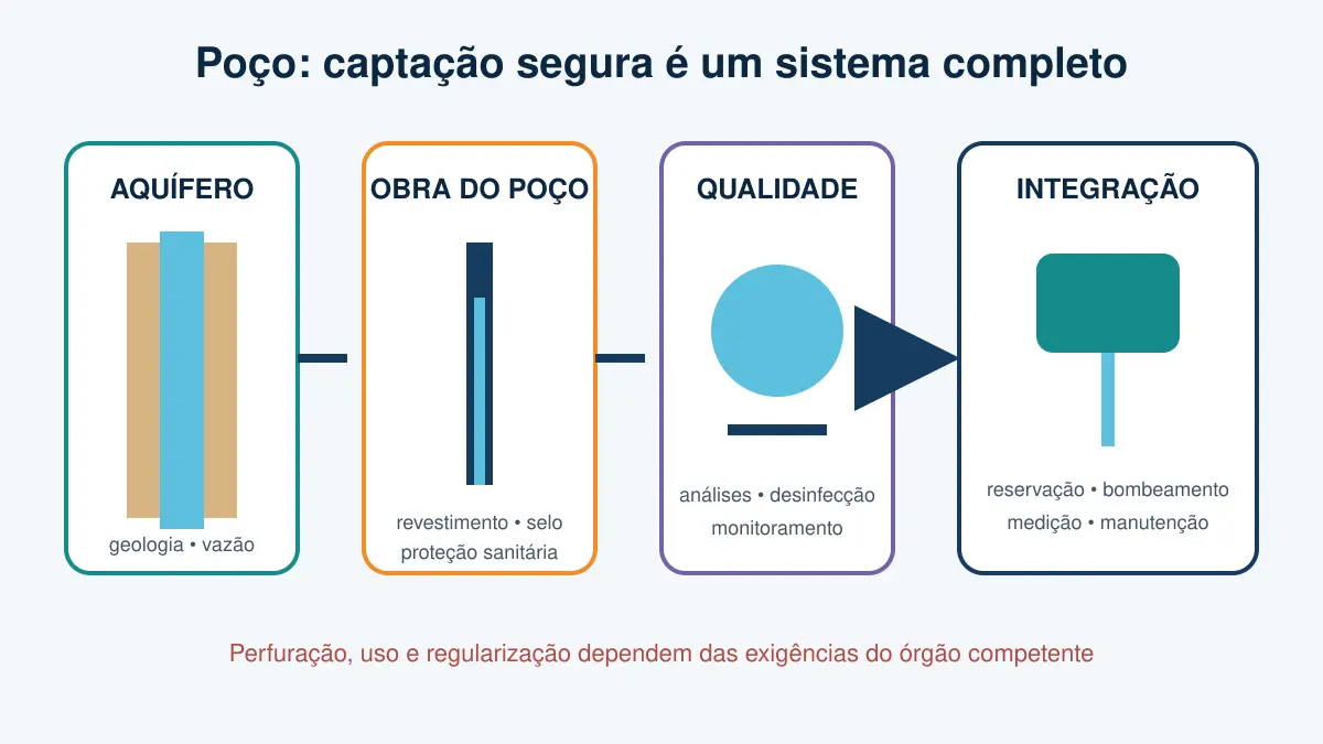 Esquema do sistema de poço com aquífero, obra, controle de qualidade e integração hidráulica