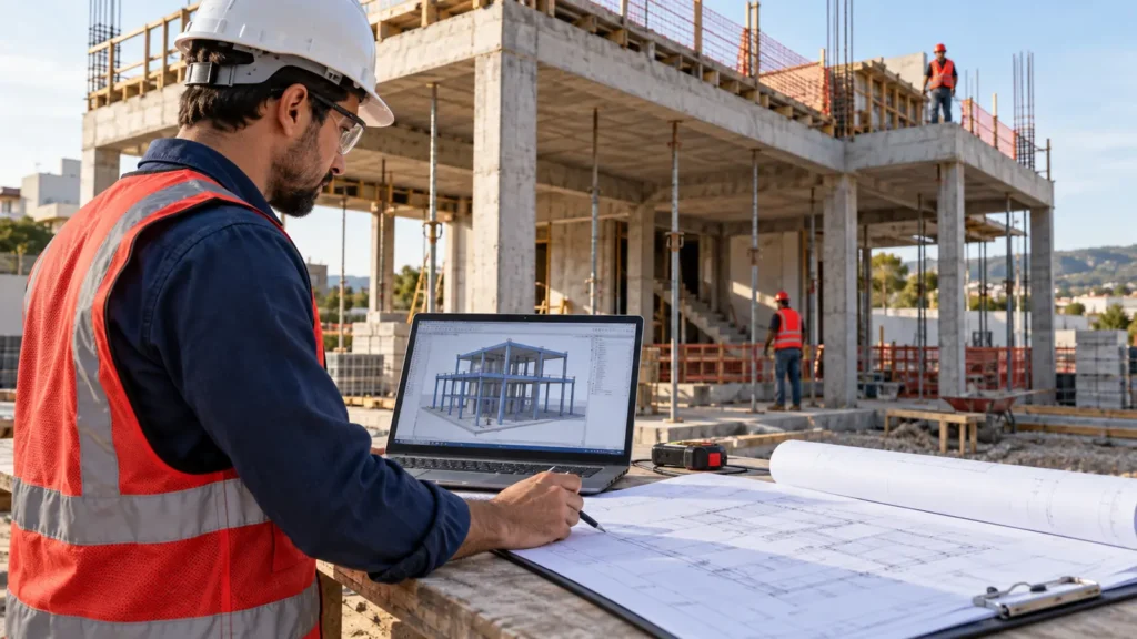 Engenheiro confere projeto estrutural residencial em obra